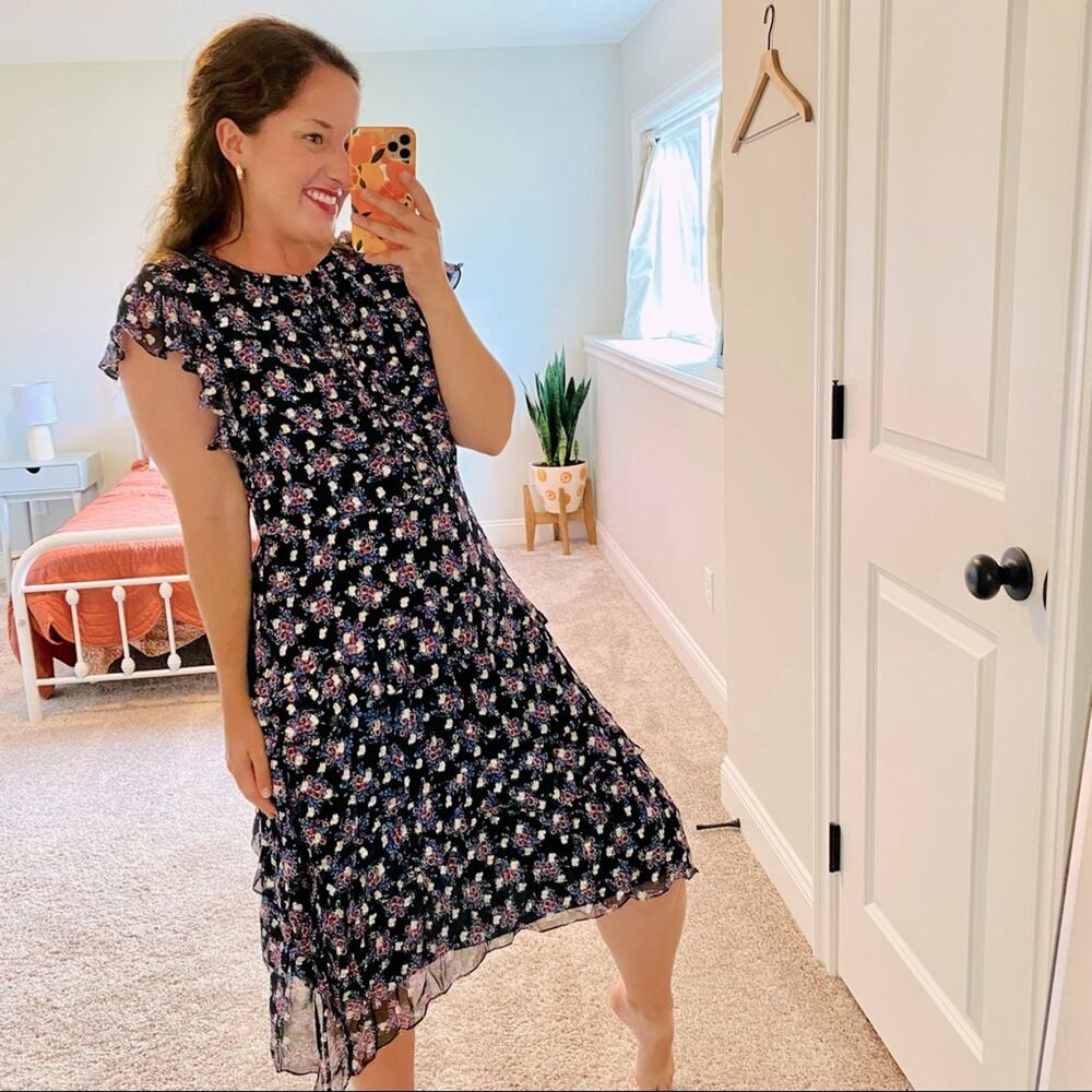 Shoshanna Black Blue Pink Floral Metallic Ruffle MIDI Dress 8